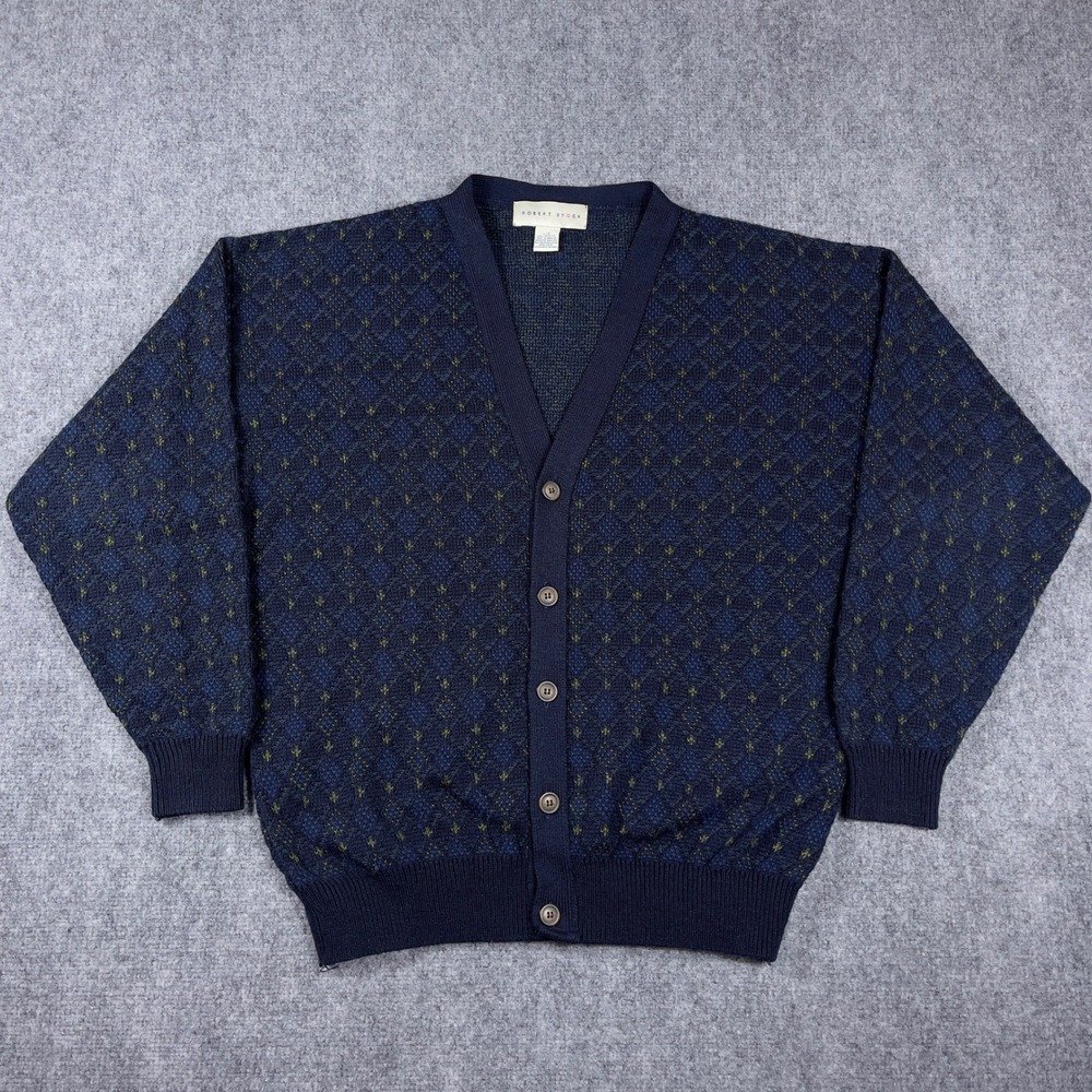 Vtg Robert Stock Cardigan Mens Large Navy Blue Diamond Knit Button Up Sweater